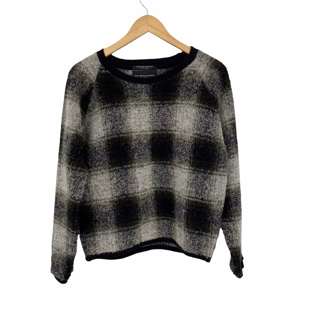 Maison Scotch black, gray plaid wool sweater